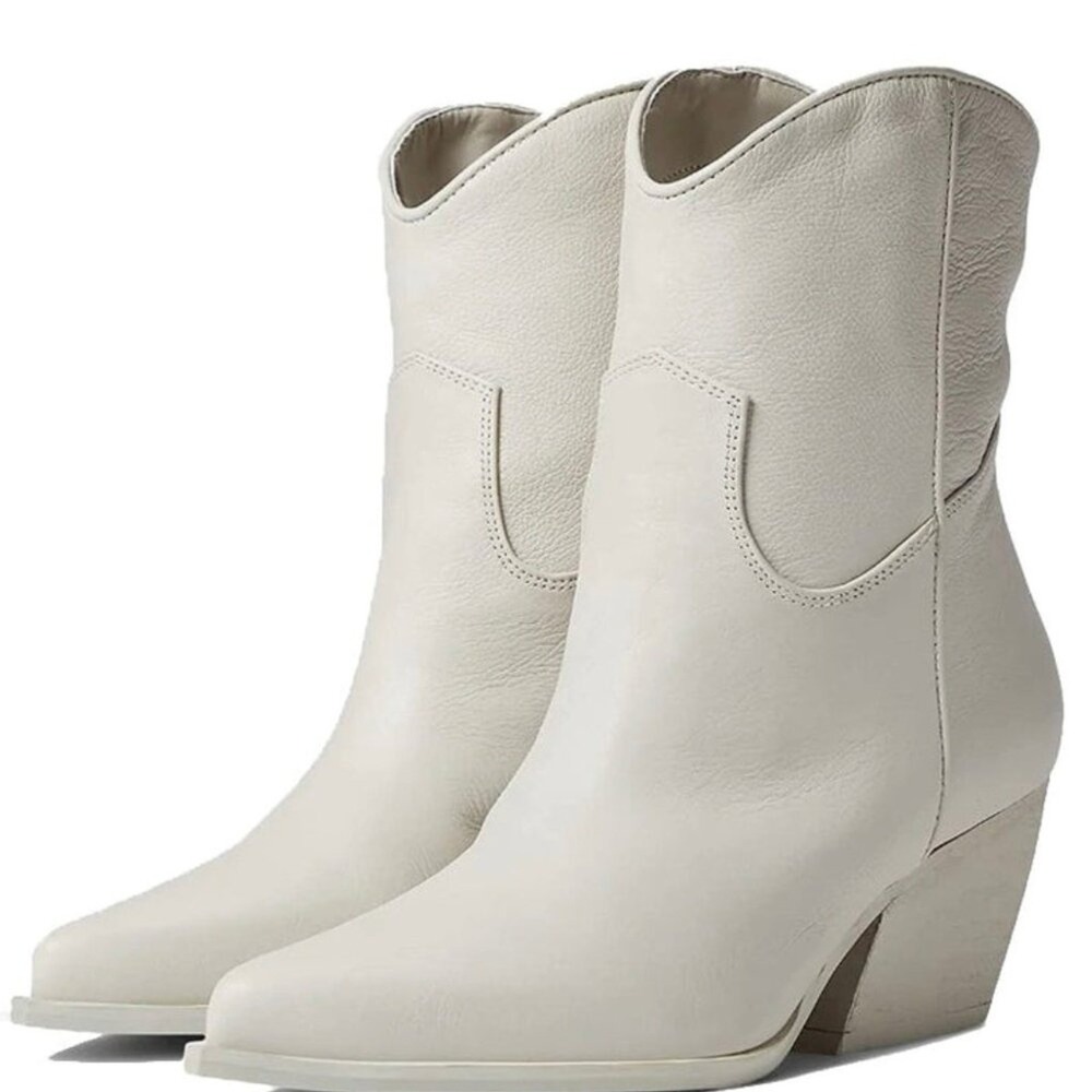 Steve Madden Wolfer Bone Leather Western Ankle Boots Pointed Toe Block Heel 5.5M